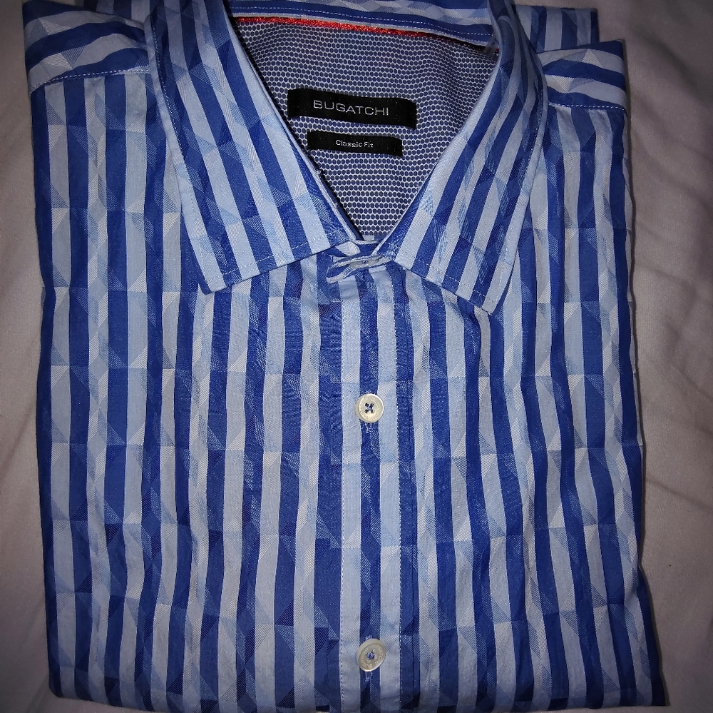Bugatchi Men's Blue Striped Shirt, Size XL, good condition.